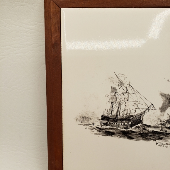 Vintage H&R Johnson Framed Tile Trivet from England Sailboats Shipwreck RARE. - Picture 9 of 9